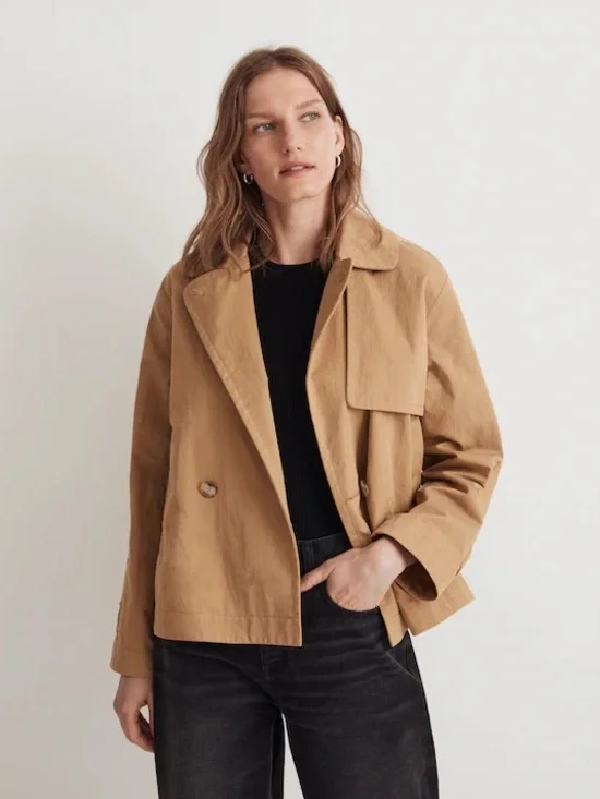 NWT Madewell Double-Breasted Crop Trench Coat in Dark Khaki - M Flaws - Picture 3 of 11